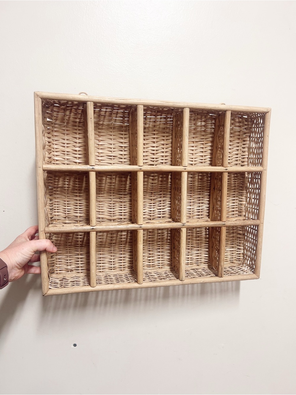 Vintage Wicker and Bamboo Grid Wall Shelf - Trinket Shelf